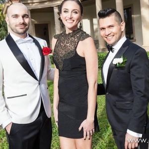 Black mini dress with bronze lace detail